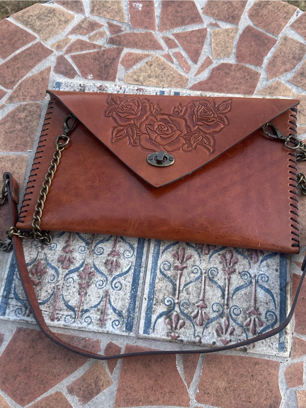 Vintage Hand-Tooled Brown Leather Rose Crossbody Envelope Clutch Bag
